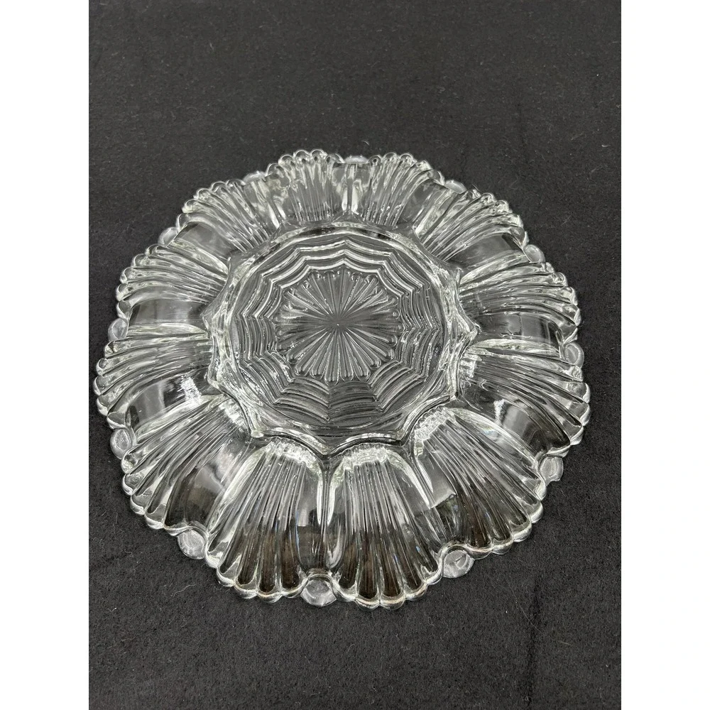Vintage Clear Pressed Glass Deviled Egg Platter Scalloped Serving Tray 12 Slot